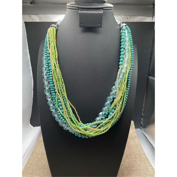 VINTAGE IRIDESCENT GREEN SEED BEADS MULTI-STRANDS TORSADE NECKLACE - Picture 7 of 7